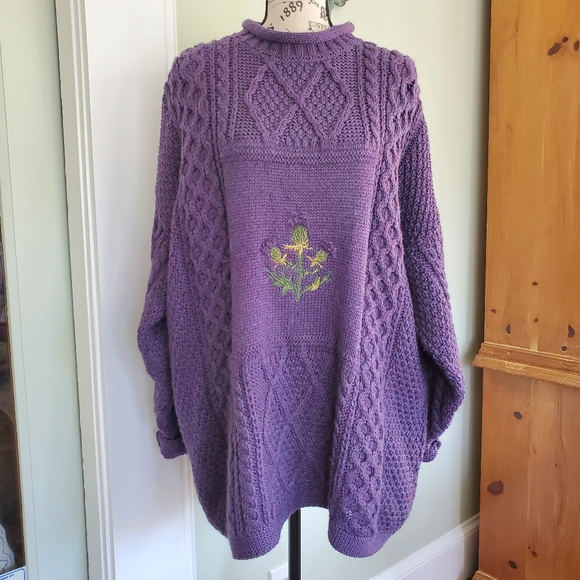 Vintage Acorn Chunky Aran Knit Purple Wool Thistle Fisherman Sweater - Picture 5 of 16